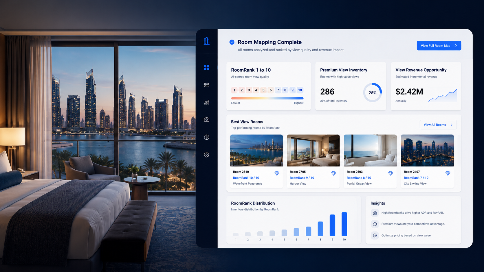 RoomView hotel room mapping dashboard showing room view scoring and premium view inventory