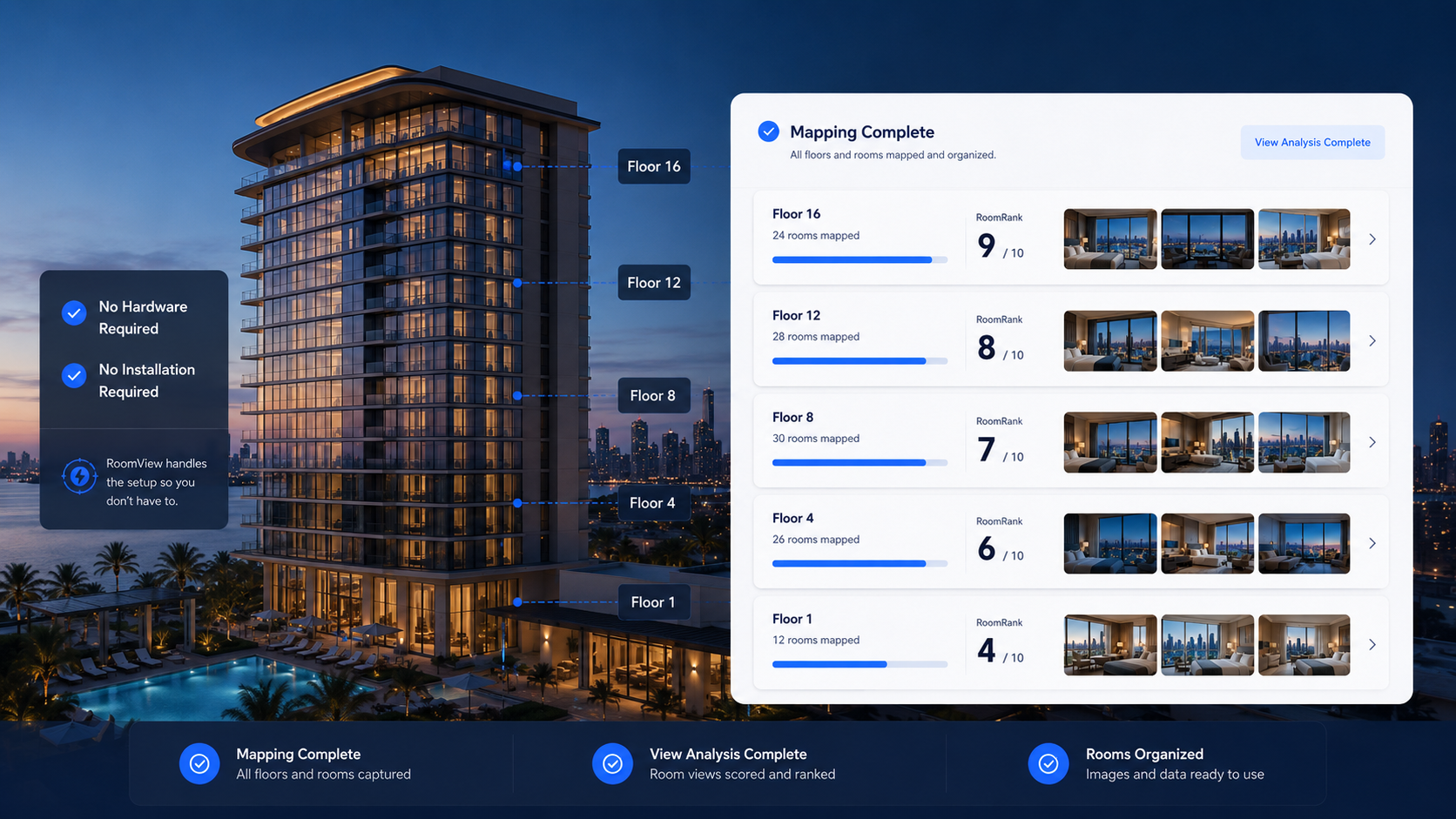 RoomView floor-by-floor hotel mapping interface showing room analysis complete