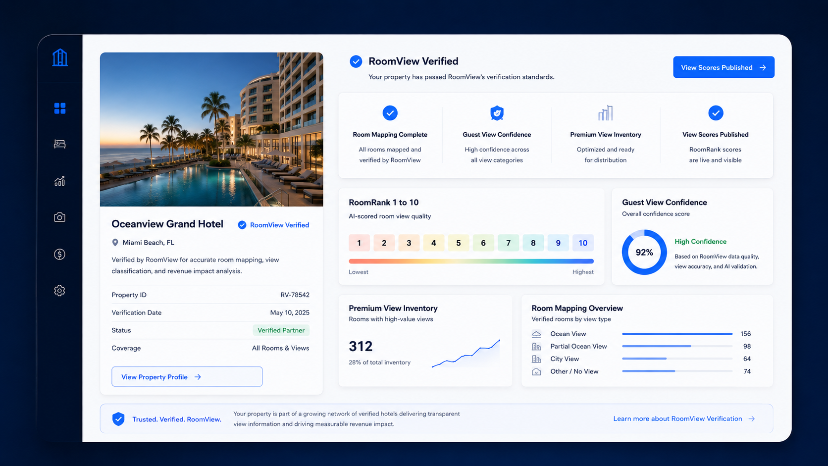 RoomView Verified hotel partner dashboard with room mapping and guest view confidence