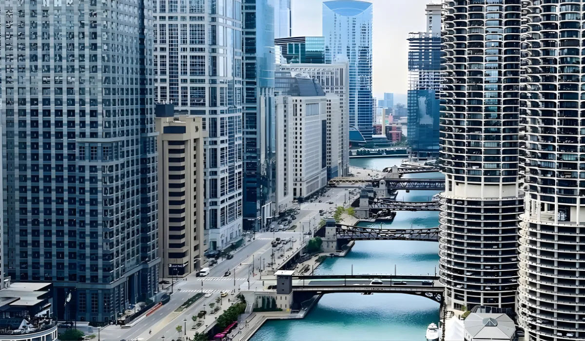 Actual room view verified by RoomView showing Chicago river